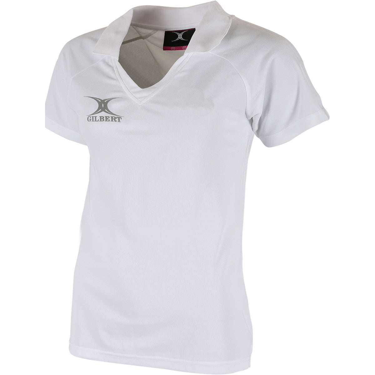 The Gilbert Blaze Shirt is a plain white, short-sleeved sports shirt with a collar and the Gilbert logo on the upper left chest—ideal for gym sessions or training.