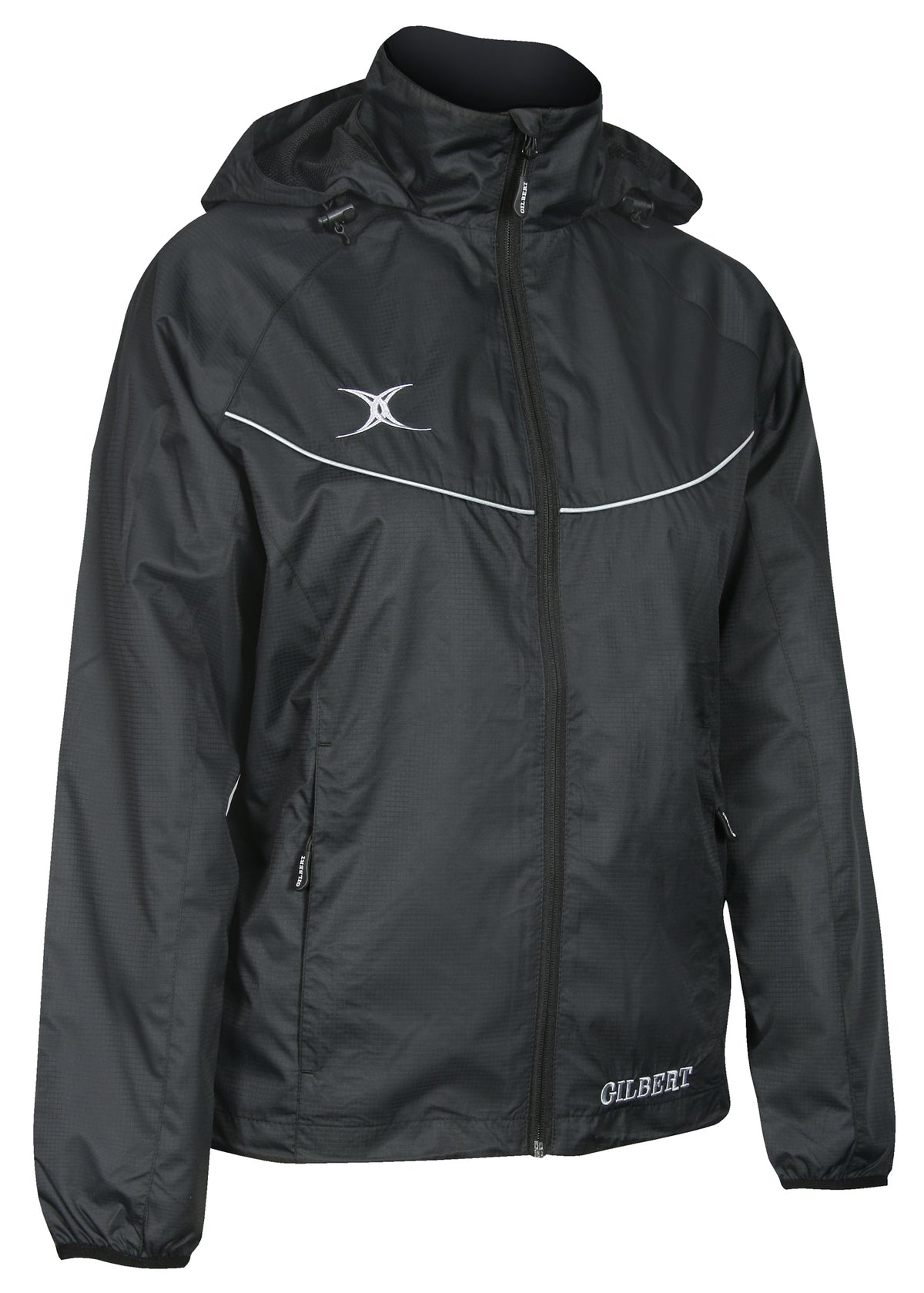 The Gilbert Vixen Netball Jacket by Gilbert is a black zip-up jacket with an adjustable hood, white chest logo, "GILBERT" on the lower front, two zippered side pockets, and a thin white stripe across the chest.