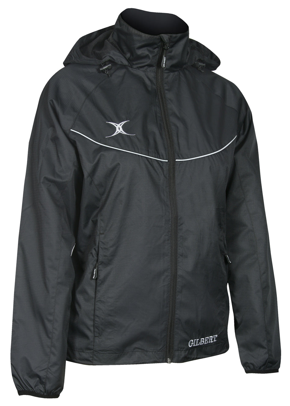 The Gilbert Vixen Netball Jacket by Gilbert is a black zip-up jacket with an adjustable hood, white chest logo, "GILBERT" on the lower front, two zippered side pockets, and a thin white stripe across the chest.