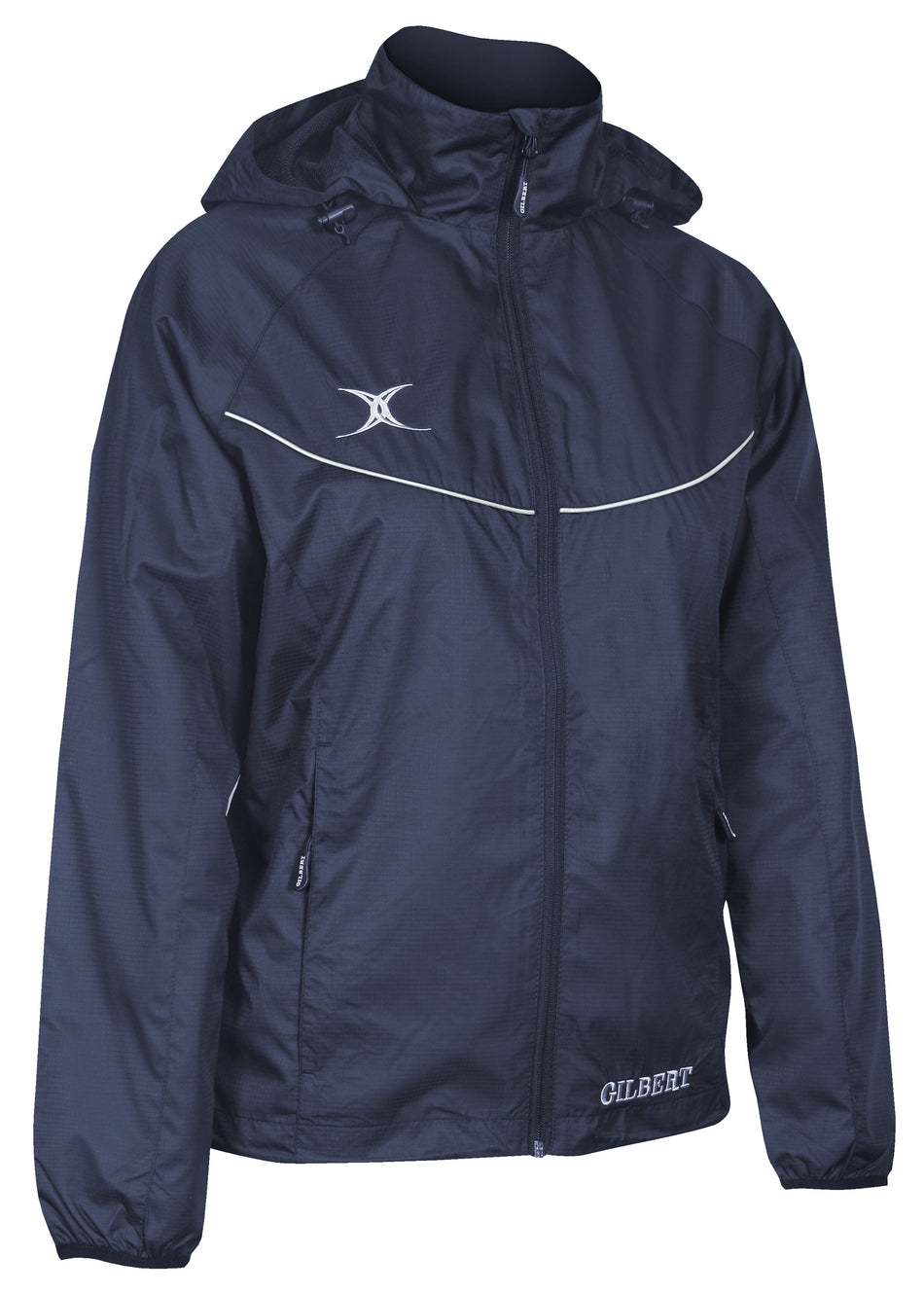 The Gilbert Vixen Netball Jacket by Gilbert features a navy blue design, adjustable hood, front zipper, two zippered side pockets, white/grey piping across the chest, and Gilbert branding on the lower front.