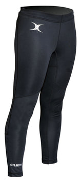 The Gilbert Vixen II Leggings are black athletic compression leggings with visible seams, an elasticated waist, a white Gilbert logo on the left hip, and the brand name in white near the left ankle.