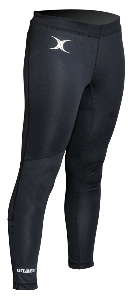 The Gilbert Vixen II Leggings are black athletic compression leggings with visible seams, an elasticated waist, a white Gilbert logo on the left hip, and the brand name in white near the left ankle.