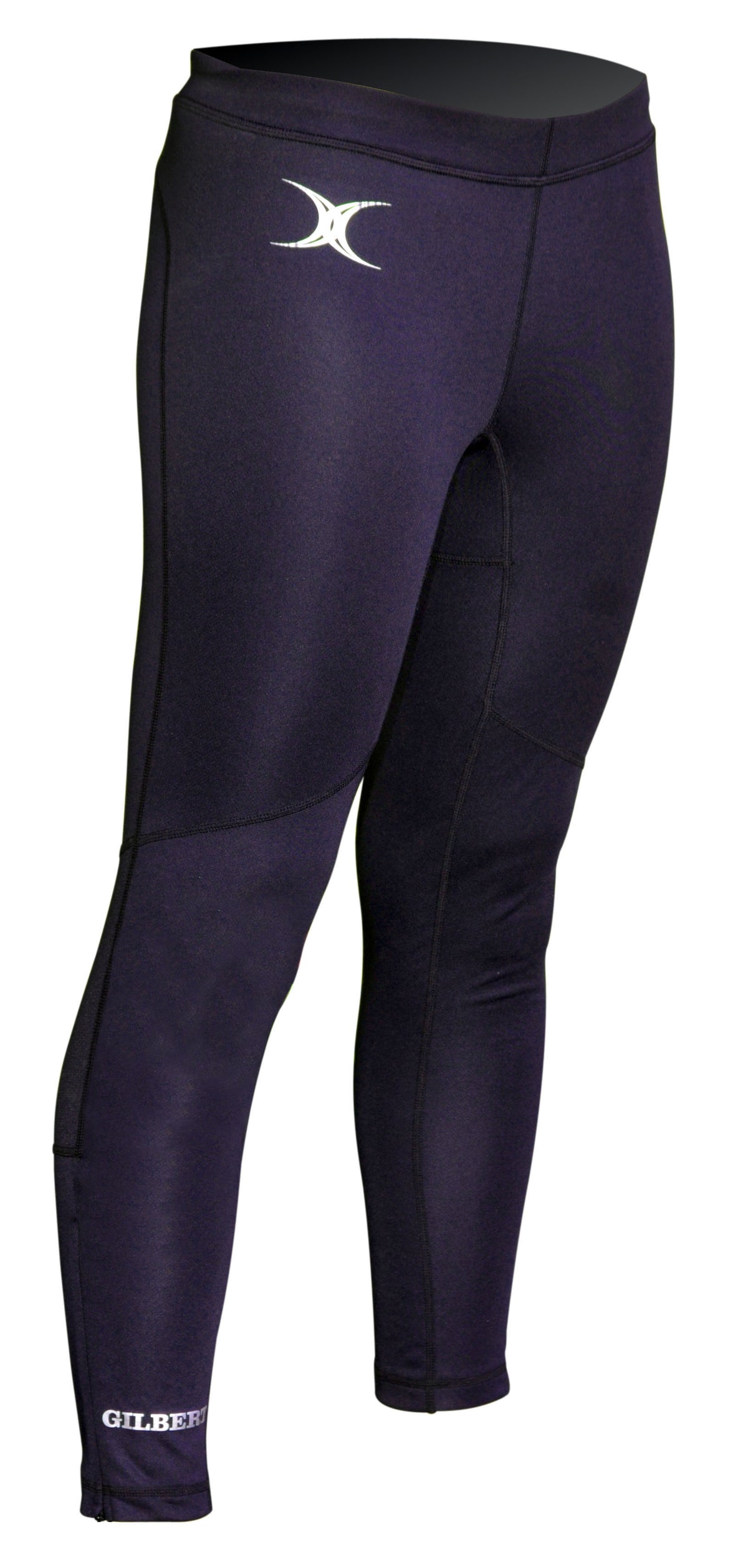 The Gilbert Vixen II Leggings are black athletic leggings with mesh panels, visible stitching, a white Gilbert logo on the upper left thigh, and the brand name near the left ankle, shown on a white background.