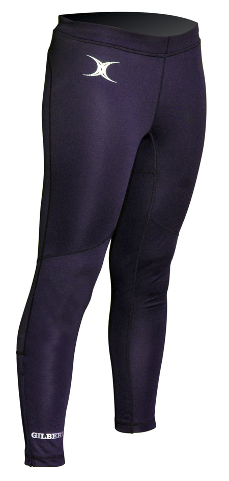 The Gilbert Vixen II Leggings are black athletic leggings with mesh panels, visible stitching, a white Gilbert logo on the upper left thigh, and the brand name near the left ankle, shown on a white background.