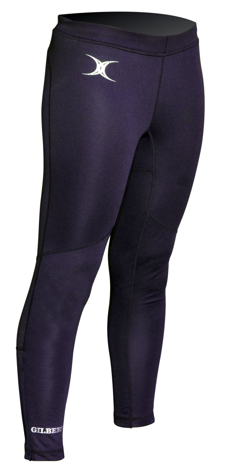 The Gilbert Vixen II Leggings are black athletic leggings with mesh panels, visible stitching, a white Gilbert logo on the upper left thigh, and the brand name near the left ankle, shown on a white background.