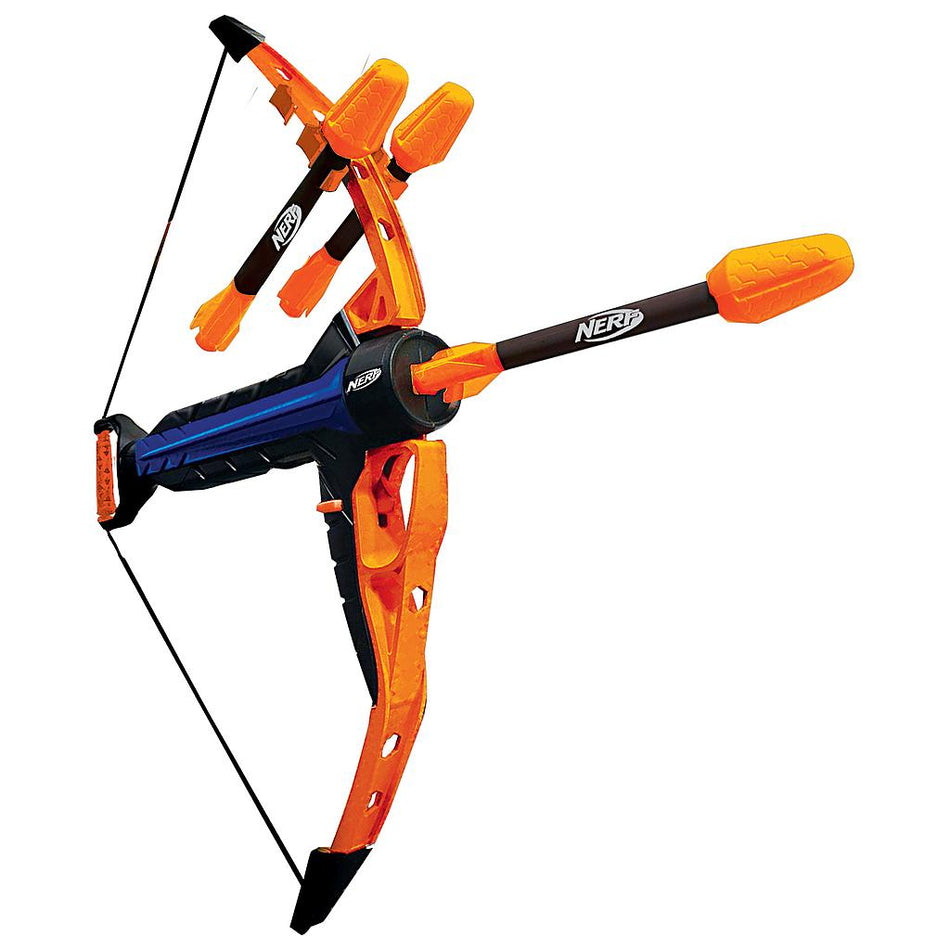 The Nerf Rip Rocket Bow & Arrow by Nerf features vibrant orange, black, and blue colors and includes three foam-tipped arrows stored on the bow with one ready to fire.