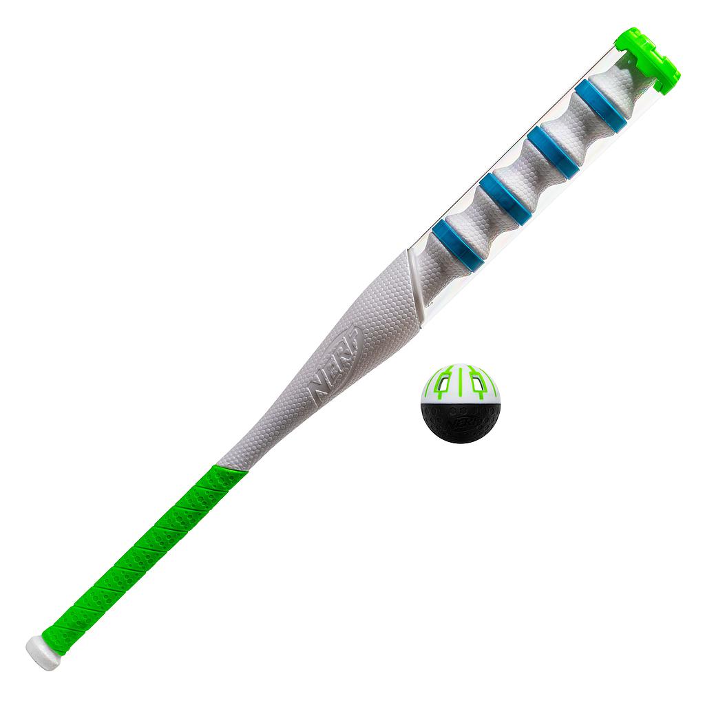 The Nerf Power Blast Bat & Ball Set by Nerf features a white and green bat with blue bands and an Ultra Grip Handle, plus a matching small green and black training ball, all shown against a white background.