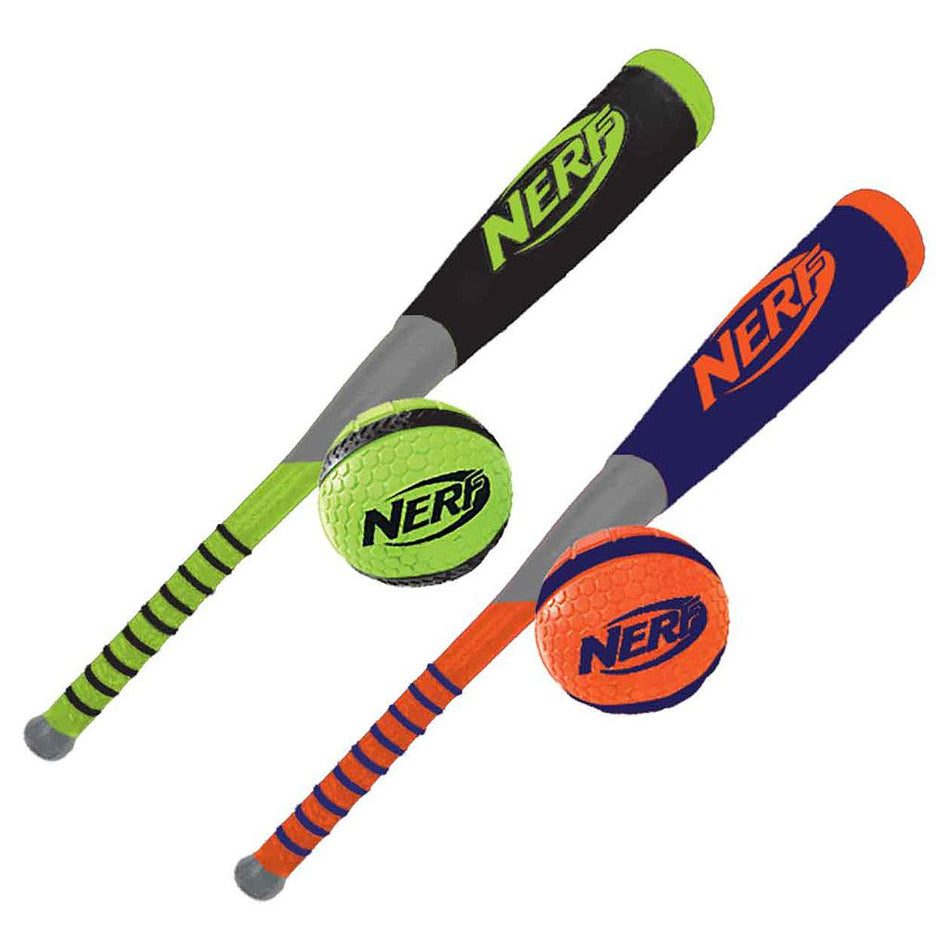 The Nerf 27 Inch Foam Bat and Ball Set by Nerf is a youth baseball set available in two color options: green/black with a matching ball or blue/orange with an orange ball. Both sets feature the Nerf logo.