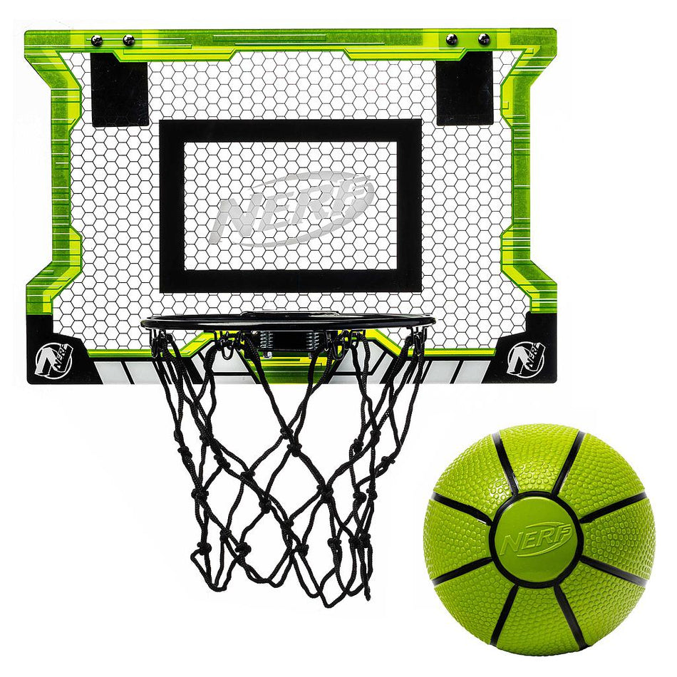 The Nerf Pro Hoop by Nerf is a mini neon green and black indoor basketball set with a hexagon-patterned clear backboard, black net, and matching green ball—ideal for fun over-the-door play anywhere.