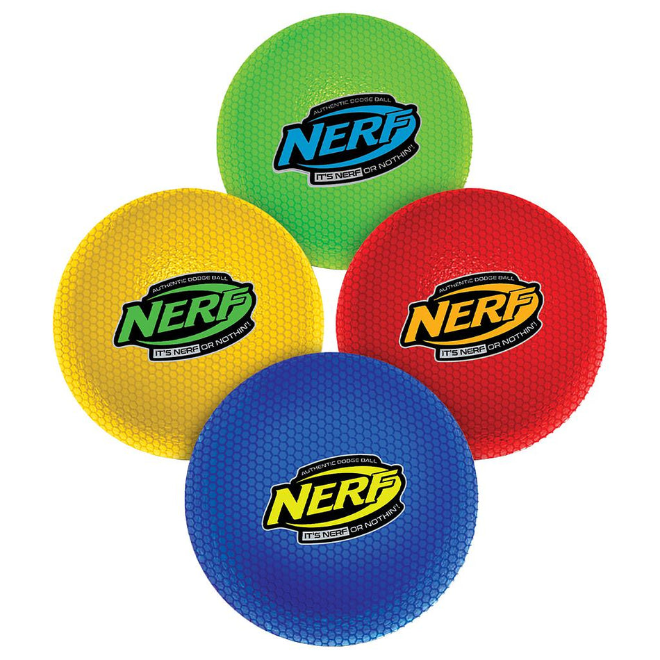 Four Nerf Proshot Dodge Balls in yellow, green, red, and blue are arranged in a loose cluster. Each soft ball displays the Nerf logo and “It’s Nerf or Nothin’” on a black and yellow label.
