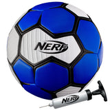 The Nerf Proshot Soccer Ball by Nerf features a blue and white design with black outlines and a Nerf logo, and comes with a handy air pump. This durable ball is ideal for kids who enjoy active play.