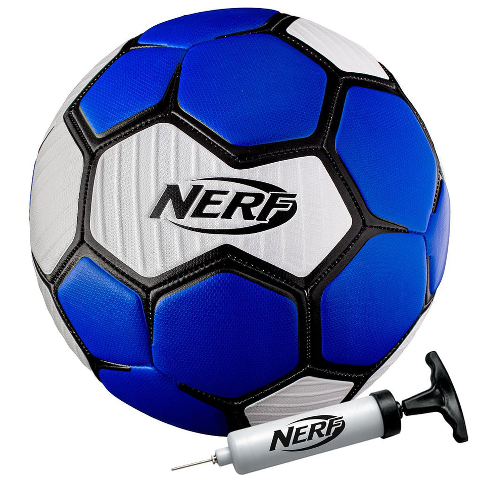 The Nerf Proshot Soccer Ball by Nerf features a blue and white design with black outlines and a Nerf logo, and comes with a handy air pump. This durable ball is ideal for kids who enjoy active play.