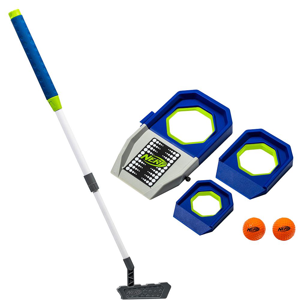 The Nerf Trick Shot Golf Set by Nerf includes an adjustable blue and green putter, two foam golf balls, two blue and green golf holes, and a blue and gray automatic scoring target.