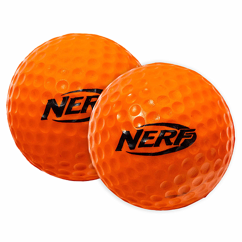 Two bright orange, dimpled Nerf balls with black NERF logos overlap on a white background—ideal foam golf balls for your next game with the Nerf Trick Shot Golf Set by Nerf.
