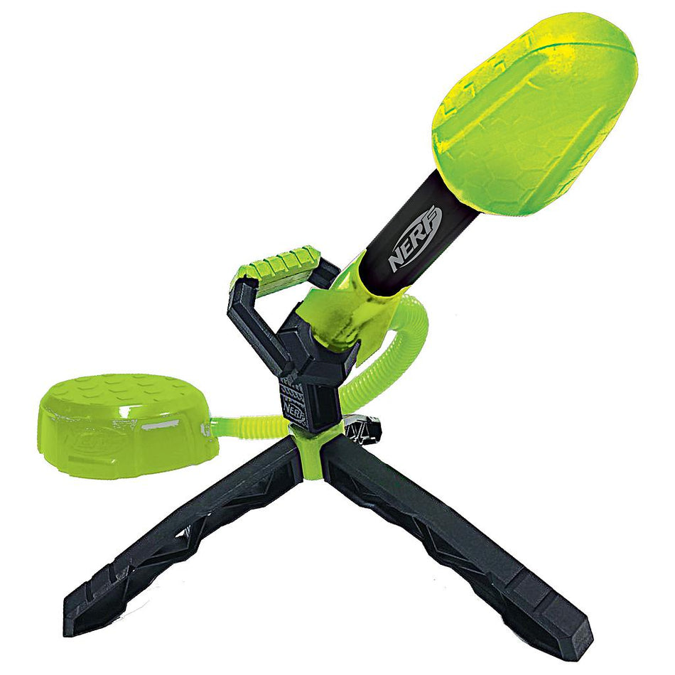 The Nerf Rip Rocket Launcher by Nerf features a bright green and black design, foam-tipped missile, tripod base, pump mechanism, and sturdy stomp pad for high-flying launches.