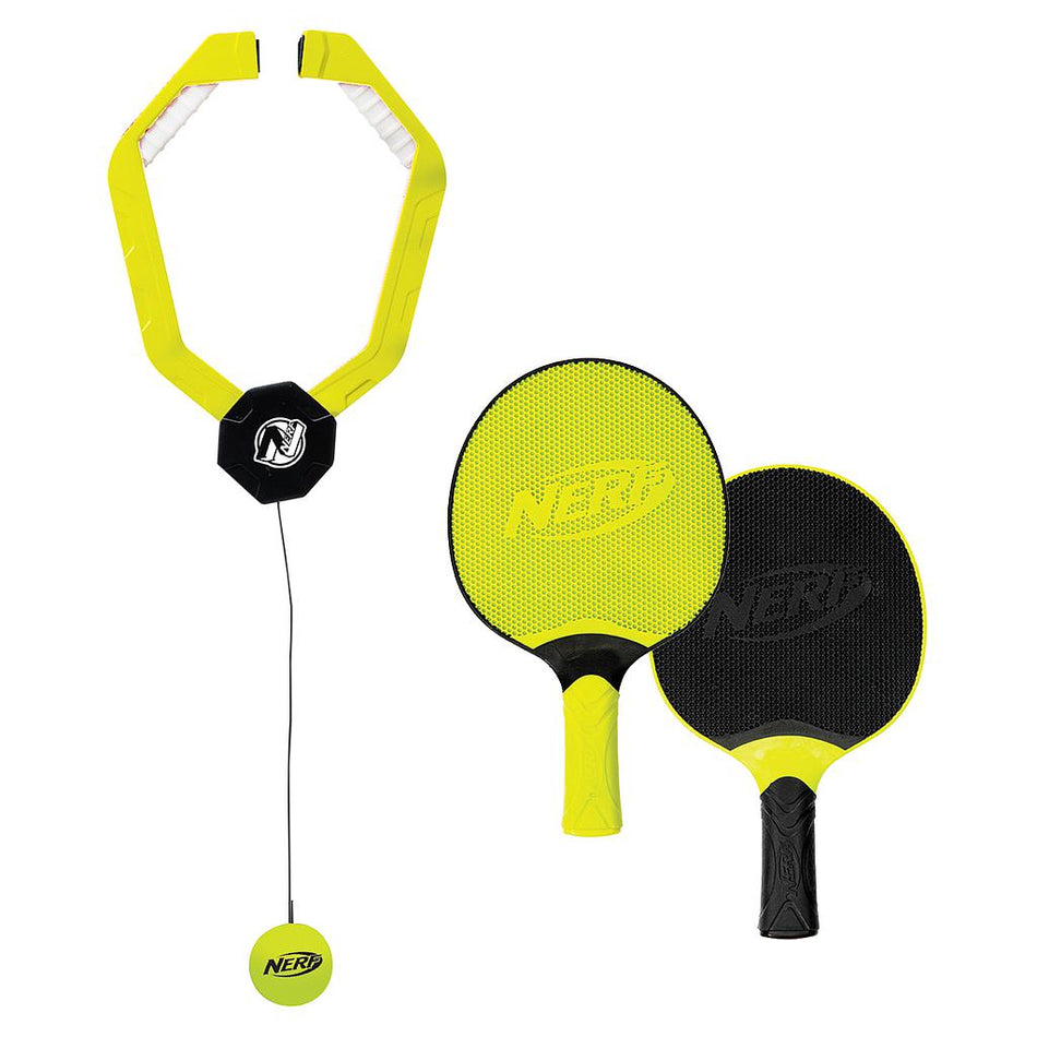 The Nerf Paddlepong set by Nerf features two yellow and black paddles and a handheld device with a string-attached ball, perfect for solo or two-player play—a unique table tennis-inspired game.