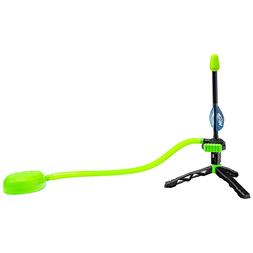 The Nerf Rip Rocket Launcher by Nerf features a green stomp pad connected by a flexible green tube to a black and green stand, holding the rocket ready for launch.
