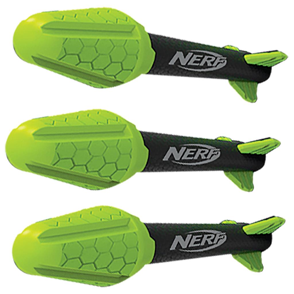 Three green and black Nerf Universal Rip Rockets darts with honeycomb patterns, foam tips, and tail fins are arranged horizontally. Each dart features the Nerf logo. Ideal for use with a missile launcher or bow & arrow toys.