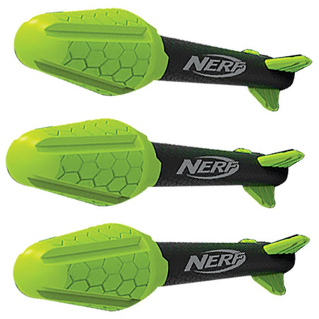 Three green and black Nerf Universal Rip Rockets darts with honeycomb patterns, foam tips, and tail fins are arranged horizontally. Each dart features the Nerf logo. Ideal for use with a missile launcher or bow & arrow toys.