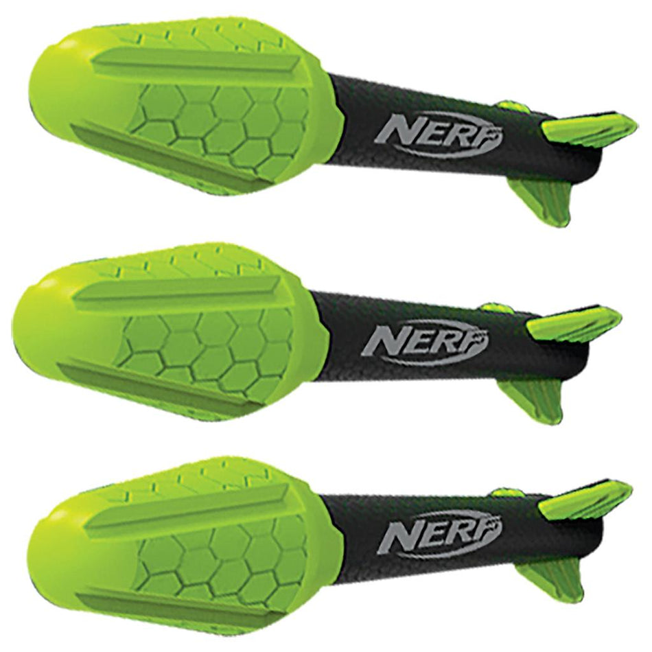 Three green and black Nerf Universal Rip Rockets darts with honeycomb patterns, foam tips, and tail fins are arranged horizontally. Each dart features the Nerf logo. Ideal for use with a missile launcher or bow & arrow toys.