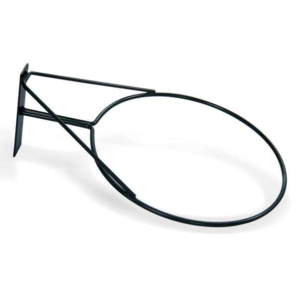 The Martin Berrill Sports Wall Mounted Netball Ring 10mm is a powder coated steel hoop without a net, shown from a slight angle and attached to a rectangular bracket with supporting bars for enhanced durability and stability.