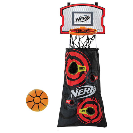 The Nerf 3-In-1 Laundry Layup by Nerf is an over-the-door hoop set with a black and red backboard, orange hoop, black net, target zones (30/40/50 points), and includes an orange Nerf basketball for fun laundry time.