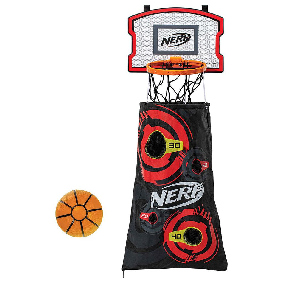 The Nerf 3-In-1 Laundry Layup by Nerf is an over-the-door hoop set with a black and red backboard, orange hoop, black net, target zones (30/40/50 points), and includes an orange Nerf basketball for fun laundry time.