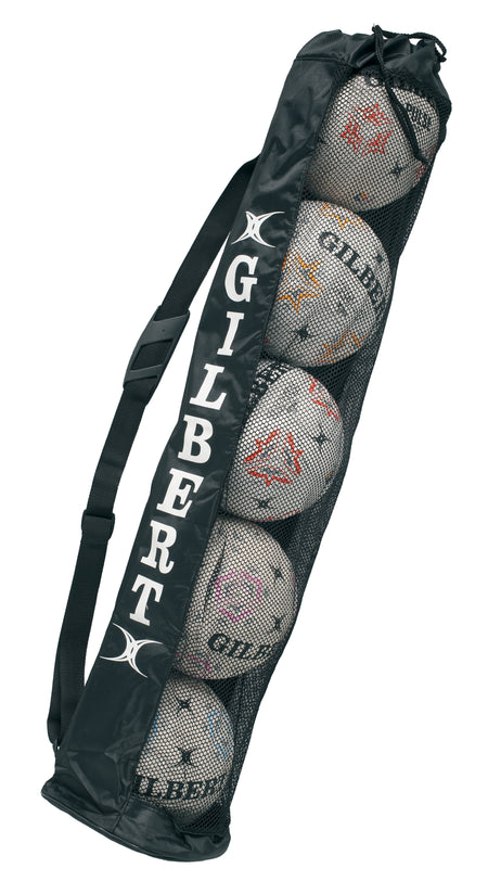 The Gilbert Rugby Ball Tube (5 Ball Bag) by Gilbert is a black mesh bag with a shoulder strap, holding up to five rugby balls stacked vertically. GILBERT is printed down the side—ideal for ball storage or essential rugby training equipment.