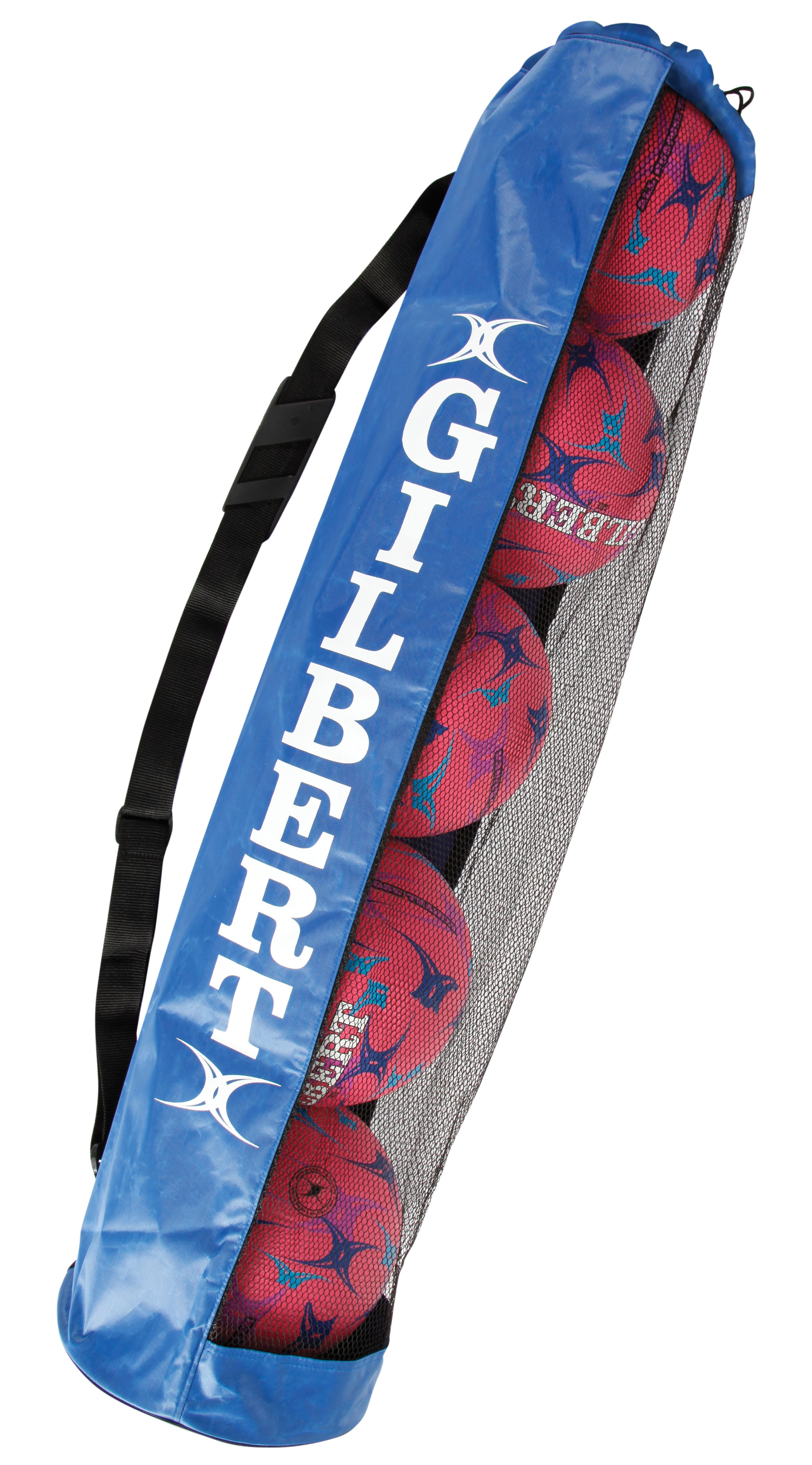 The blue Gilbert Ball Tube, branded by Gilbert, features a nylon mesh design and black strap, holding multiple rugby balls that are visible through its side mesh panel.