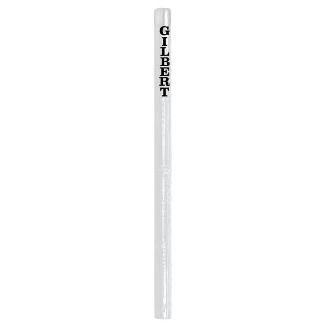 A single white drinking straw in a clear wrapper with "GILBERT" printed vertically in bold black, resembling the branding on Gilbert Netball Post Protectors.