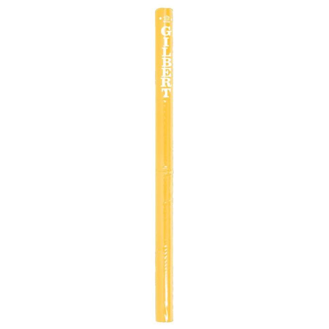 A yellow pencil inspired by Gilbert Netball Post Protectors, featuring "GILBERT" printed vertically in white capitals near the eraser, by Gilbert.