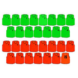 Two rows of Precision Training Precision Numbered Mesh Training Bibs (1 to 15) in fluo orange are arranged neatly on a white background.