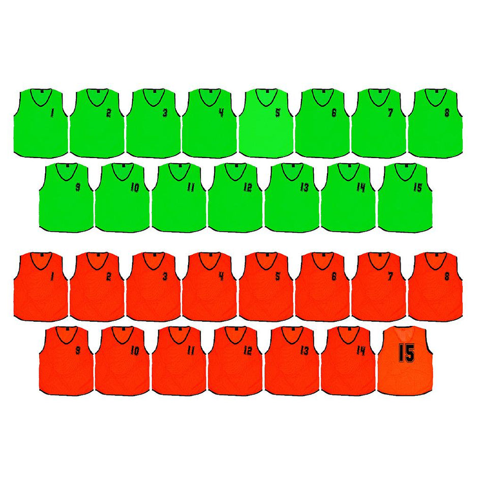 Two rows of Precision Training Precision Numbered Mesh Training Bibs (1 to 15) in fluo orange are arranged neatly on a white background.
