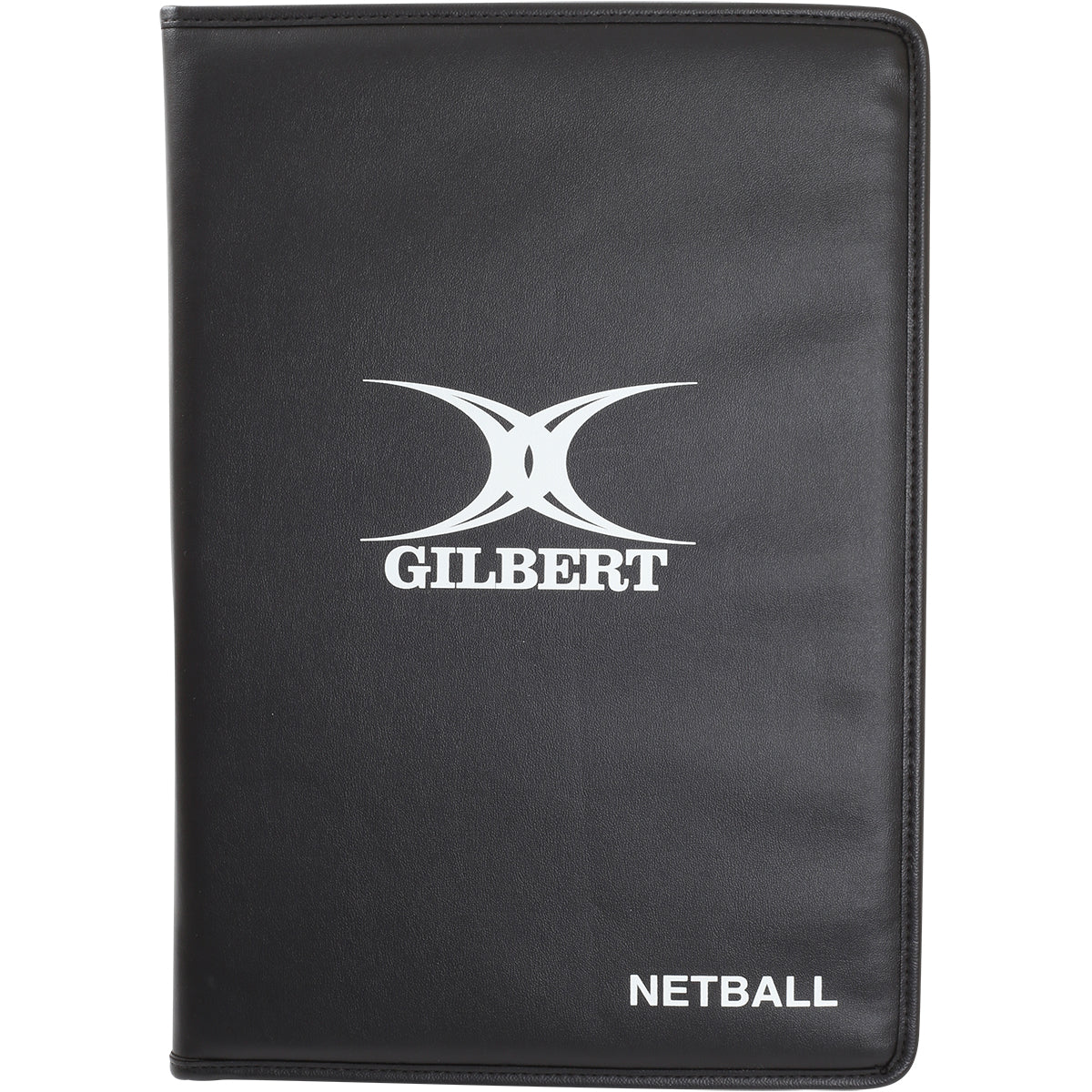 The Gilbert Netball Coaching Manual by Gilbert comes in a sleek black folder featuring the white Gilbert logo at the center and "Netball" in white on the bottom right, ideal for storing your magnetic netball board or manual.