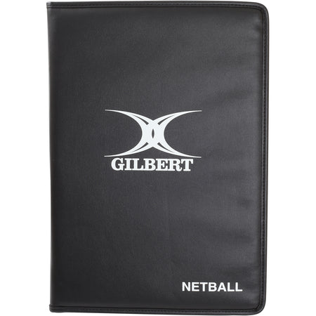 The Gilbert Netball Coaching Manual by Gilbert comes in a sleek black folder featuring the white Gilbert logo at the center and "Netball" in white on the bottom right, ideal for storing your magnetic netball board or manual.