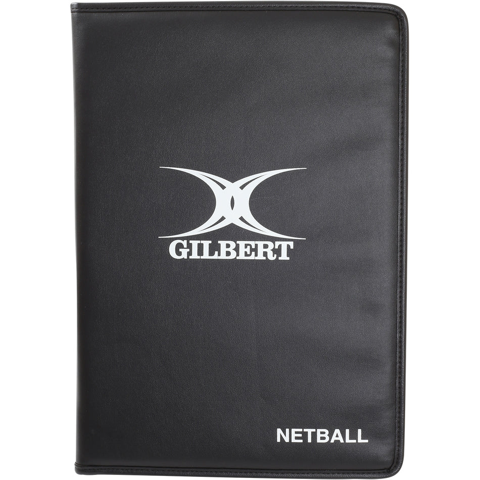 The Gilbert Netball Coaching Manual by Gilbert comes in a sleek black folder featuring the white Gilbert logo at the center and "Netball" in white on the bottom right, ideal for storing your magnetic netball board or manual.