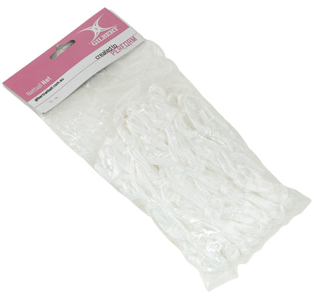 The Gilbert Netball Post Replacement Net by Gilbert comes in a clear plastic bag with pink and white packaging, featuring a coiled white net—ideal for refreshing your netball post.