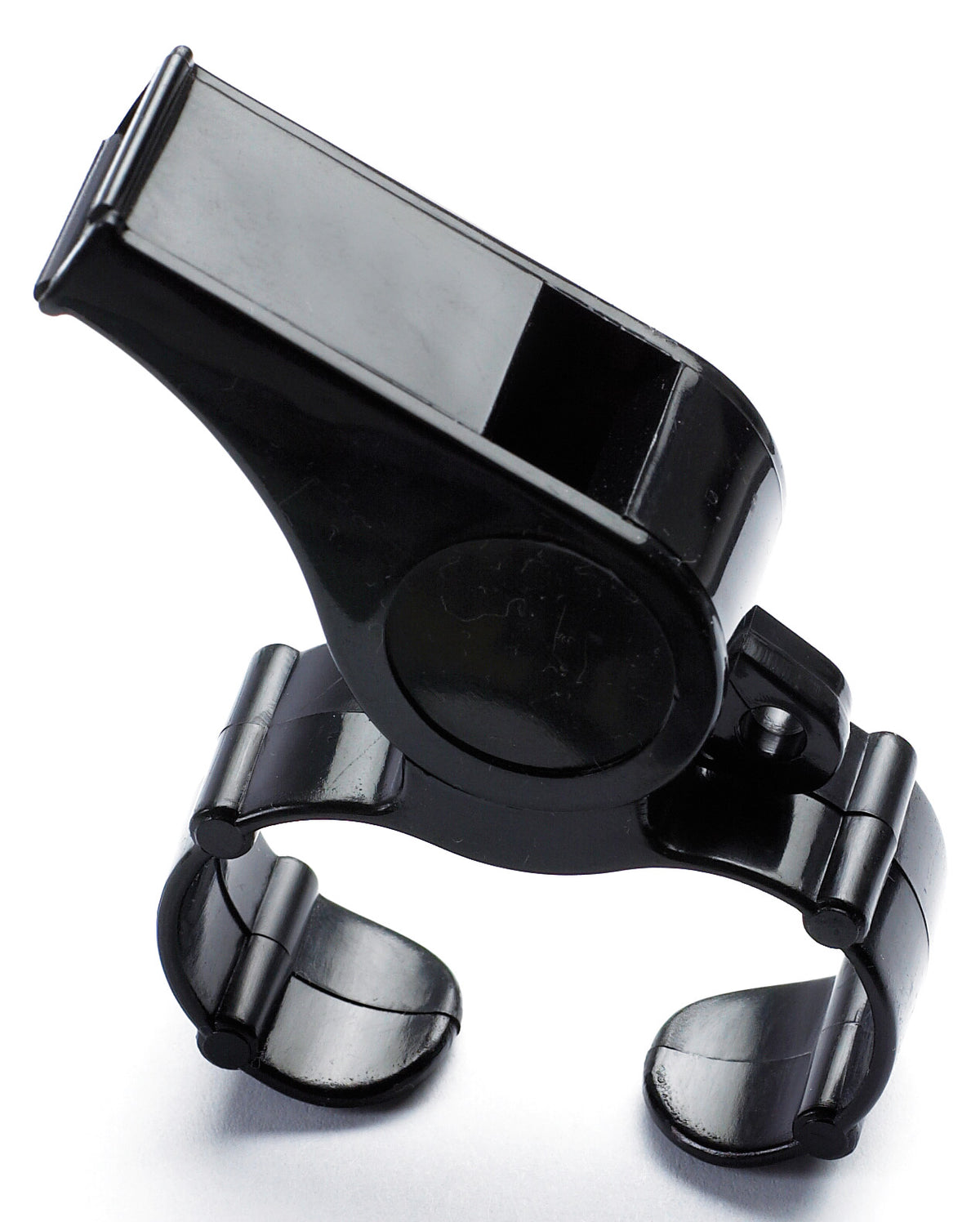 The Gilbert Handheld Whistle by Gilbert is a black plastic whistle with a glossy finish and finger grip for hands-free use, shown against a white background.