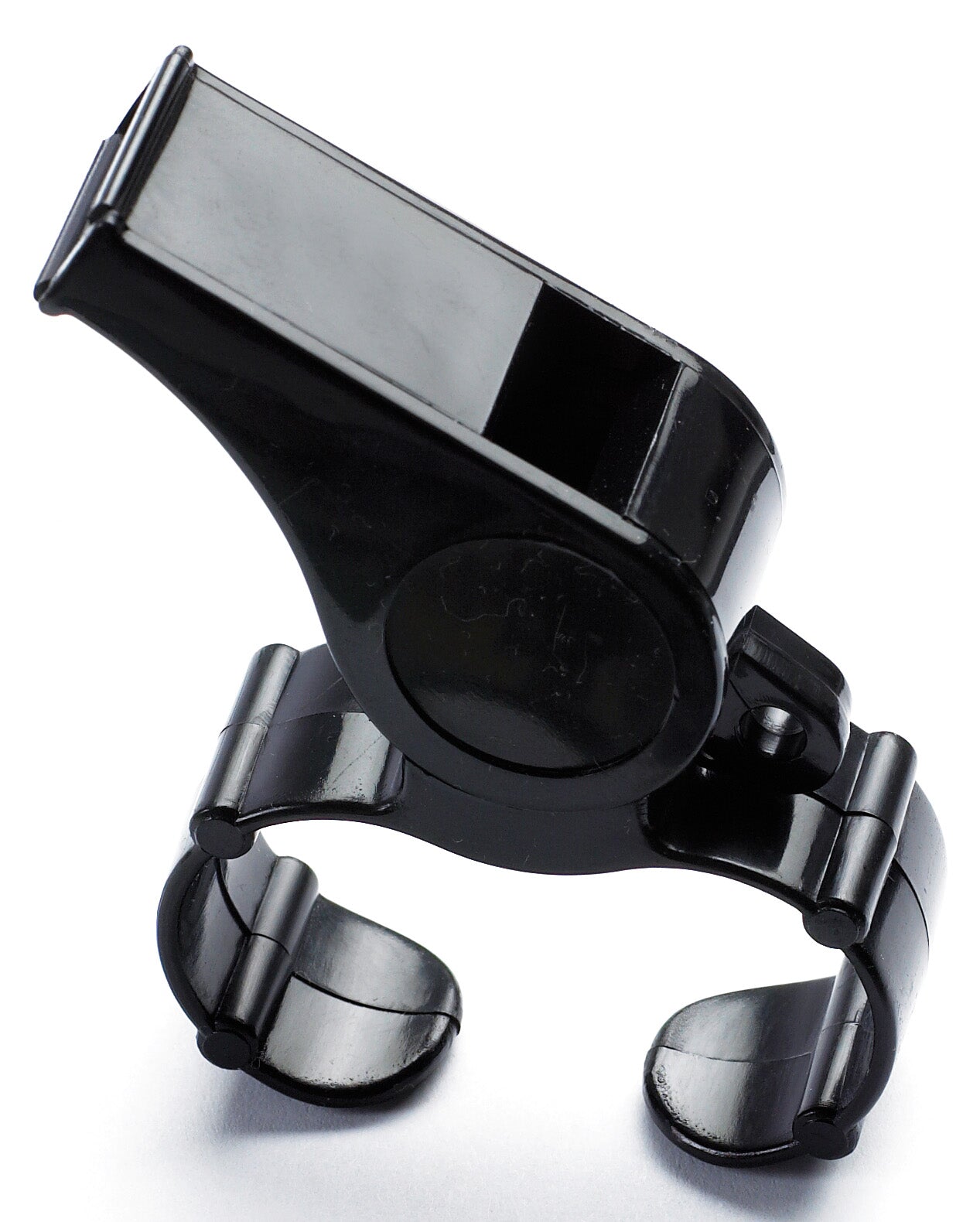 The Gilbert Handheld Whistle by Gilbert is a black plastic whistle with a glossy finish and finger grip for hands-free use, shown against a white background.