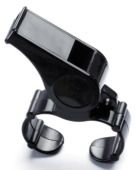 The Gilbert Handheld Whistle by Gilbert is a black plastic whistle with a glossy finish and finger grip for hands-free use, shown against a white background.