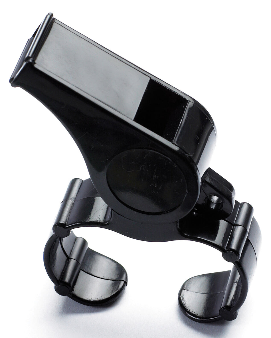 The Gilbert Handheld Whistle by Gilbert is a black plastic whistle with a glossy finish and finger grip for hands-free use, shown against a white background.