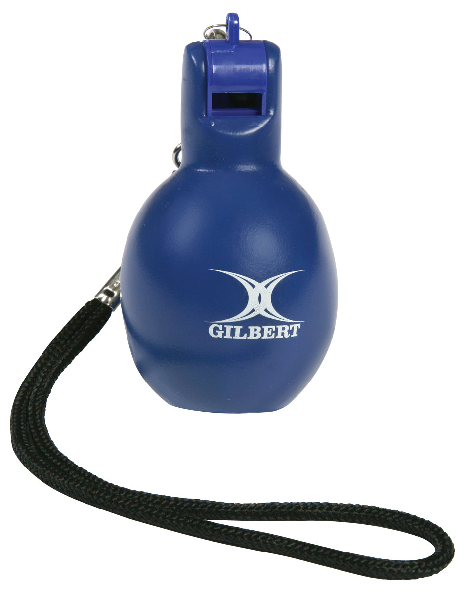 The Gilbert Squeezy Whistle is a blue, hand-operated whistle with a black wrist strap—perfect for PE teachers or as a dependable coaching accessory.