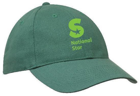 The Martin Berrill Sports National Star College CC Green Baseball Cap features a large light green S with a star and "National Star" below the logo on the front. One size fits all.
