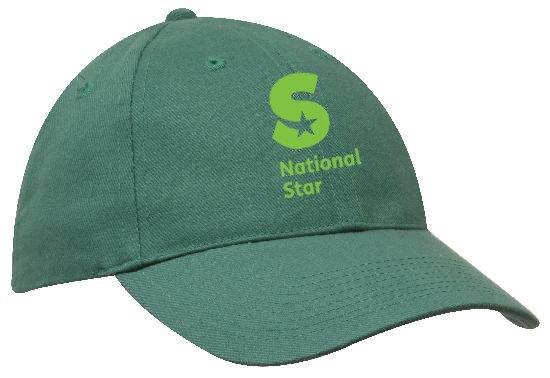 The Martin Berrill Sports National Star College CC Green Baseball Cap features a large light green S with a star and "National Star" below the logo on the front. One size fits all.