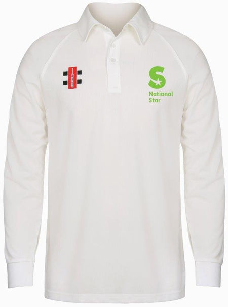 The Martin Berrill Sports National Star College CC Matrix V2 Long Sleeve Cricket Shirt is white with moisture-wicking fabric, a green S National Star logo on the right chest, a red/black/white logo on the left, button-up collar, and ribbed cuffs.