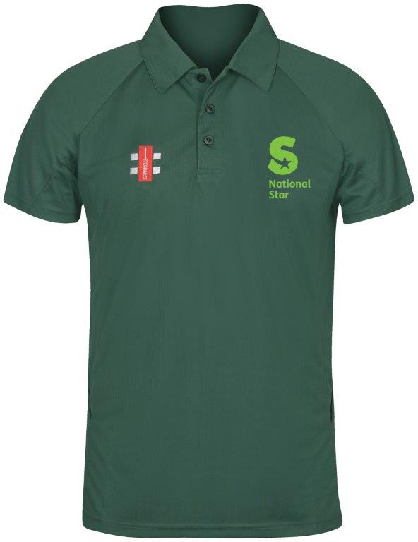 The National Star College Green Matrix V2 Polo Shirt by Martin Berrill Sports has short sleeves, a collar, moisture-controlling fabric, an embroidered Club Logo and stylized S in light green on the left chest, plus a small red emblem with white stripes on the right.