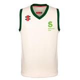 The Martin Berrill Sports National Star College CC Pro Performance Slipover is a sleeveless white V-neck jersey with green trim, featuring the National Star logo and two rectangular logos on the right shoulder.