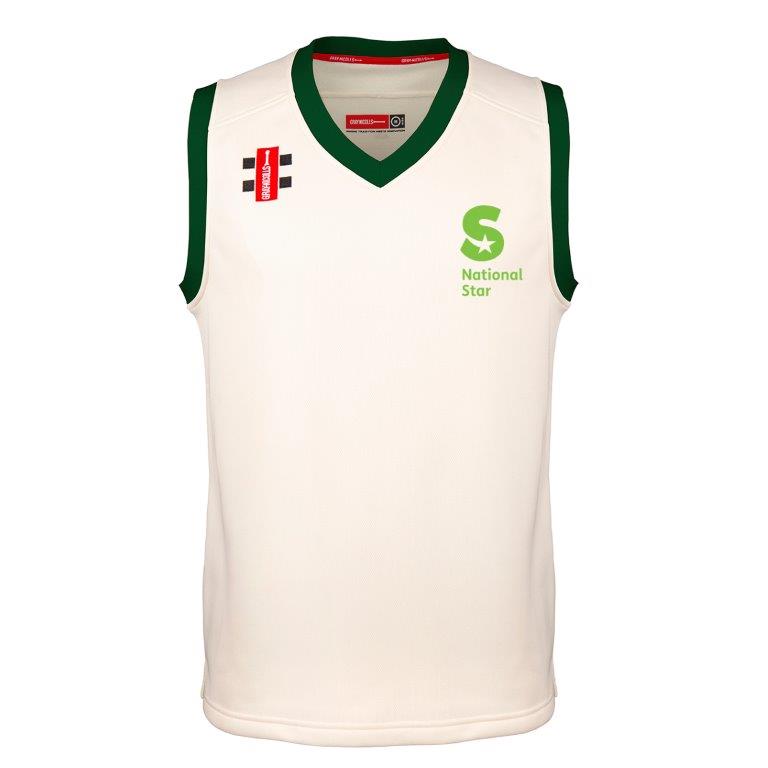 The Martin Berrill Sports National Star College CC Pro Performance Slipover is a sleeveless white V-neck jersey with green trim, featuring the National Star logo and two rectangular logos on the right shoulder.