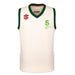 The Martin Berrill Sports National Star College CC Pro Performance Slipover is a sleeveless white jersey with green trim, a green National Star logo on the chest, and two small patches featuring black, red, and white designs.