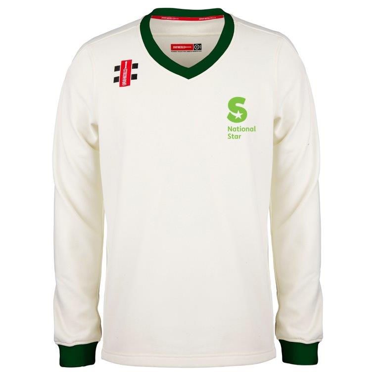 The Martin Berrill Sports National Star College CC Pro Performance Sweater is long-sleeve, white, with a dark green collar and cuffs, Club Logo and National Star College emblem in green on the left chest, plus small shoulder logos.